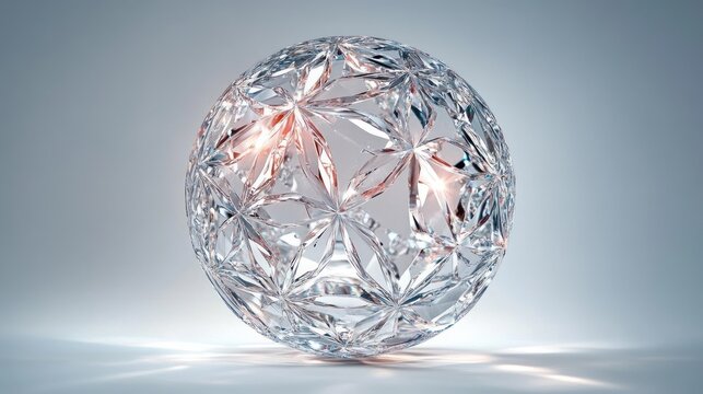 luminous faceted crystal sphere with floral star cutouts on a soft gradient background, elegant serene sparkling glass ornament