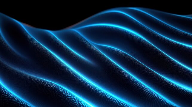 neon blue glowing particle waves forming an undulating digital mesh over a dark background, smooth ripples conveying a futuristic, calm and mesmerizing mood