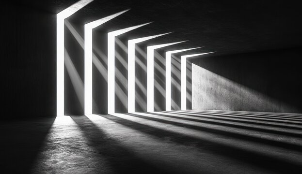 Empty concrete interior with a row of tall narrow openings casting diagonal light beams and long shadows across the floor, creating a dramatic, contemplative monochrome scene - Powered by Adobe