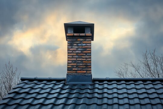 brick chimney on dark tiled roof against a moody cloudy sky with warm sunset glow and bare winter tree branches, calm and contemplative
