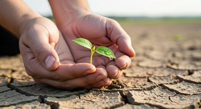 Two hands holding a green seedling on a cracked, dry, brown earth landscape.