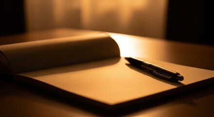 Open blank journal rests on a wooden surface illuminated by warm, low light next to a metallic writing instrument.