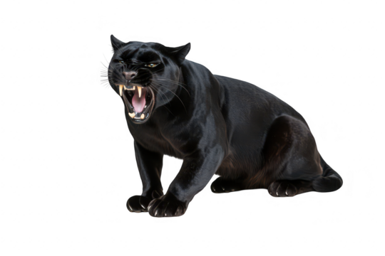 A fierce black panther growling with bared teeth. its powerful physique and sharp claws. set against a clean white background. ideal for wildlife and animal photography