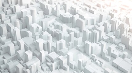Fototapeta premium aerial view of a monochrome white architectural city model with dense geometric buildings and soft sunlight, evoking a calm minimalist urban planning mood