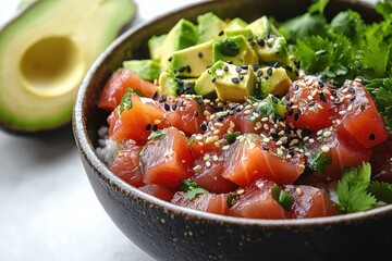 close-up of a vibrant poke bowl with diced raw tuna, avocado cubes, sesame seeds and cilantro on rice, fresh healthy and appetizing