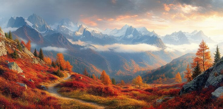 Winding mountain path through red autumn shrubs and orange trees toward misty alpine valleys and snow-capped peaks under a glowing golden sky, serene and majestic - Powered by Adobe