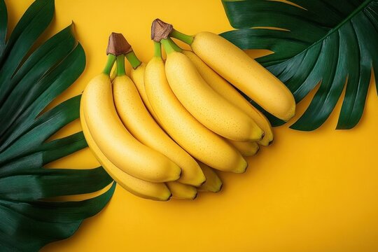 cluster of ripe yellow bananas on a bright yellow background with large tropical green leaves, fresh cheerful summery still life