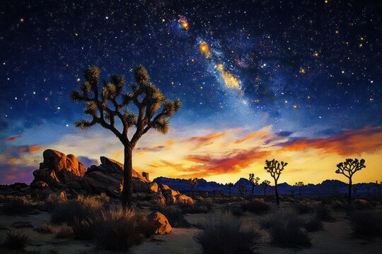 Desert landscape with sculptural Joshua trees and rocky boulders beneath a colorful sunset and star-filled galactic sky, evoking tranquil awe and solitude