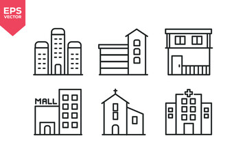 Fototapeta premium Set of line icons related to city tower, parking garage, shopping mall, religious building, medical center. Editable stroke. Vector illustration