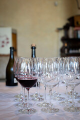 Pouring red wine into wine glasses for a wine tasting