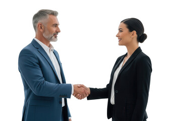Two smiling business professionals shaking hands, sealing a deal, partnership, or making a formal introduction.