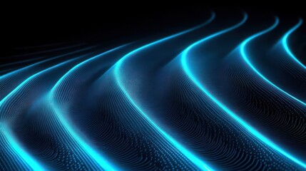 Mesmerizing glowing blue wave ridges and dotted particle grid on a dark background, futuristic calming digital motion