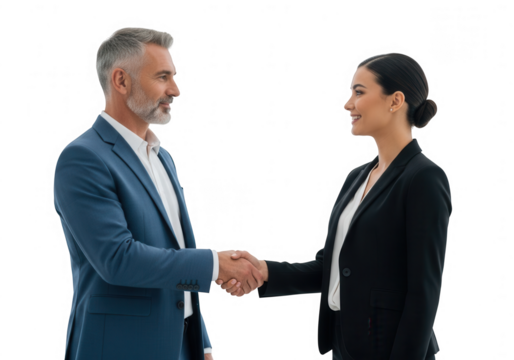 Two smiling business professionals shaking hands, sealing a deal, partnership, or making a formal introduction.