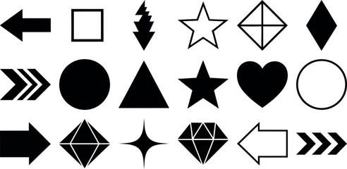 Collection of black geometric shapes and arrows on white background
