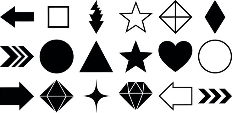 Collection of black geometric shapes and arrows on white background