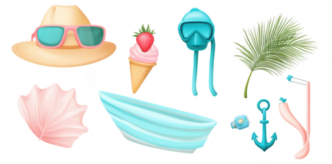 A collection of summer-themed illustrations featuring a straw hat with sunglasses. a strawberry ice cream cone. a diving mask. a palm leaf. a seashell. a boat. an anchor. and a snorkel. perfect for be