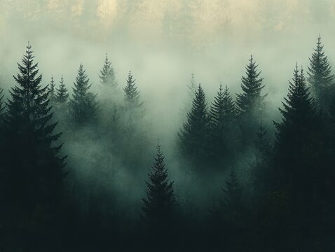 fog-shrouded evergreen forest with tall fir trees, layered mist and moody teal light conveying solitude and mystery - Powered by Adobe