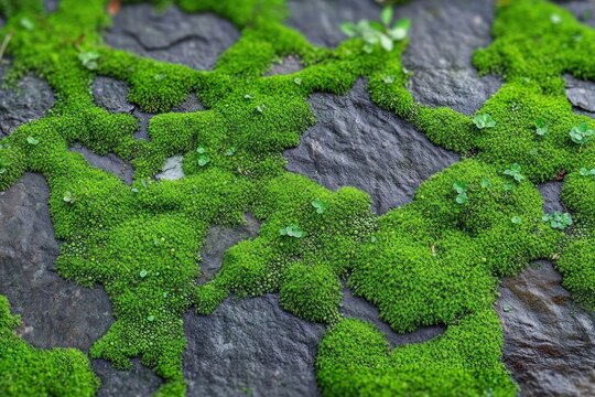 vibrant green moss patches and tiny clover seedlings carpeting dark stone, evoking calm and freshness