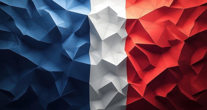 crinkled low-poly blue, white, and red tricolor flag surface with dramatic lighting and textured geometric facets conveying pride and strength