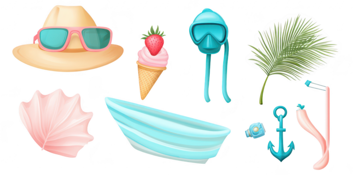 A collection of summer-themed illustrations featuring a straw hat with sunglasses. a strawberry ice cream cone. a diving mask. a palm leaf. a seashell. a boat. an anchor. and a snorkel. perfect for be