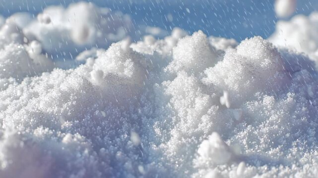 A snow covered hill with a blue sky in the background. The snow is white and fluffy. White snow powder background macro detail