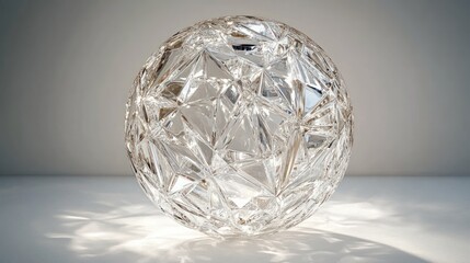 a large faceted crystal sphere resting on a white surface casting prismatic light and soft shadows, evoking elegance and serenity