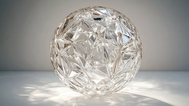 a large faceted crystal sphere resting on a white surface casting prismatic light and soft shadows, evoking elegance and serenity
