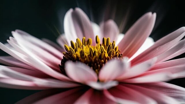 Macro sequence of a beautiful pink aster flower blooming against a dark background. Artistic triptych showing the delicate petals and yellow center in dramatic lighting