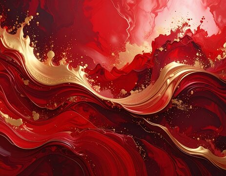 Abstract swirls of deep red fluid are accented with bright gold waves, creating depth and an opulent texture