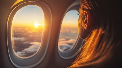 Golden Skies: Woman Gazing at a Breathtaking Sunrise from Airplane Window