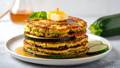 A tall stack of zucchini pancakes topped with butter, mint, and syrup on a white plate