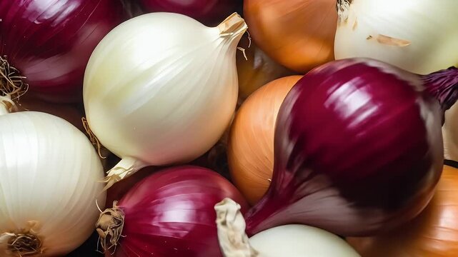 A close up shot of a vibrant mix of red, yellow, and white onions in bulk