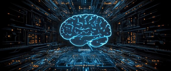 Glowing neon blue holographic brain floating above a sprawling circuit board corridor lined with orange LED lights, conveying futuristic intelligence and high-tech intensity
