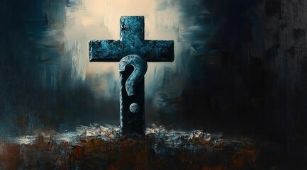Weathered stone cross with a carved question mark standing amid rubble and mist, bathed in dramatic backlight, evoking mystery, doubt and solemn contemplation