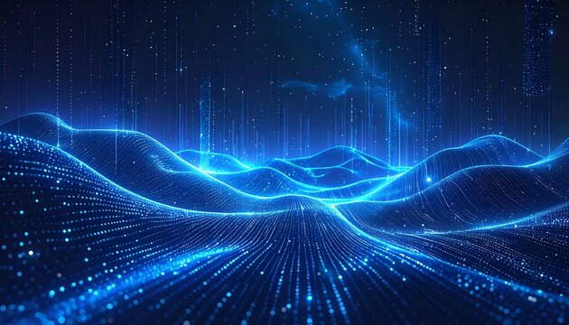 Abstract glowing blue landscape with starry sky above, wavy and textured, using digital rendering techniques