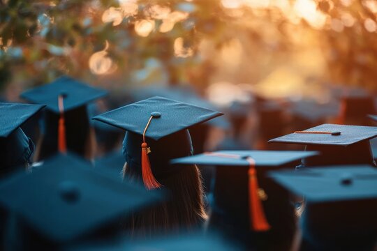 Crowd of graduates wearing black mortarboards with orange tassels at an outdoor commencement ceremony bathed in warm golden sunset light, evoking pride and hope