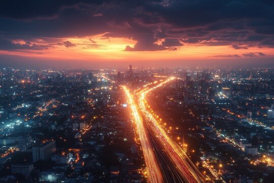 aerial view of converging highways with glowing traffic light trails leading to a distant city skyline under a dramatic sunset and stormy clouds, bustling and moody evening