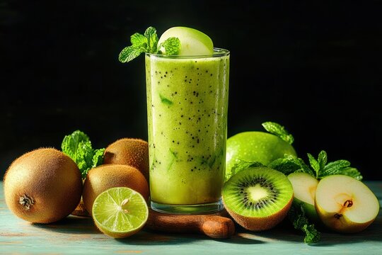tall glass of vibrant green kiwi and apple smoothie garnished with mint and apple slice, surrounded by whole and halved kiwis, lime and green apples on a wooden board, fresh and refreshing
