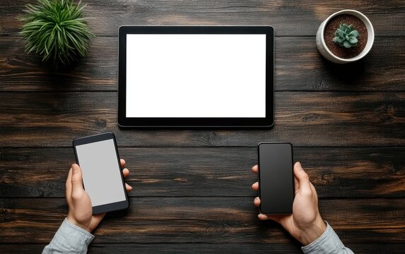 Top view of two hands holding smartphones beside a blank tablet on a dark wooden desk with two potted succulents, conveying focused decision-making and modern productivity - Powered by Adobe