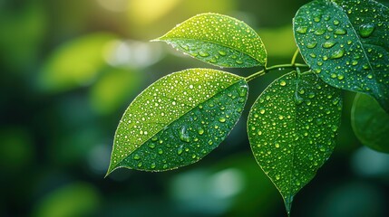 Fresh Green Leaf Covered with Dew Drops
