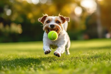 small terrier joyfully running across sunlit grassy park with a tennis ball in its mouth, ears flapping and a happy energetic expression