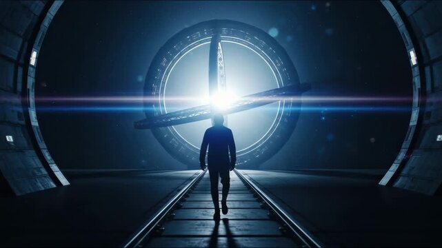 Sequence of a person walking towards a mysterious stargate on a futuristic space station. Cinematic concept for interstellar travel, advanced technology and exploring the unknown