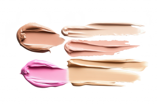 A arrangement of various cream and liquid foundation swatches on a clean white background. a range of skin tones for makeup application and beauty product marketing