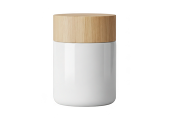 Minimalist white cylinder container with natural wood lid isolated on transparent background