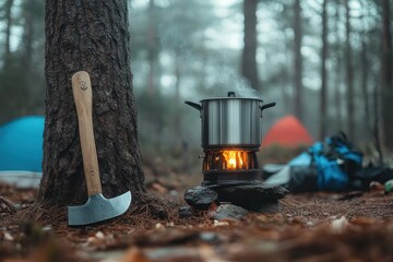 steam rising from a pot on a small camp stove over a glowing fire beside an axe leaning against a pine tree with colorful tents and backpacks in a misty forest, cozy and peaceful