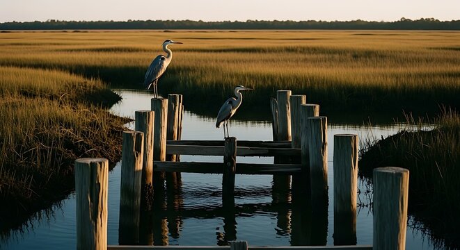 Two Herons Perched on a Weathered Wooden Dock in a Serene Marshland at Sunset.