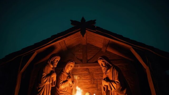 Wooden nativity scene with mary and joseph illuminated by a warm fire on christmas eve. The holy family in a manger representing the birth of jesus christ. Religious holiday banner