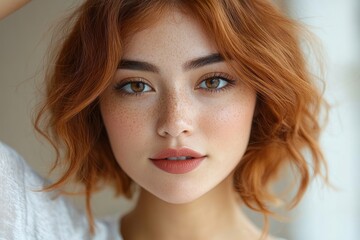 Naklejka premium Close-up of person with short wavy red hair and hand lifted behind head, wearing a white knit top, relaxed pose in soft natural light against a neutral background
