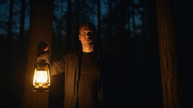 Adult caucasian man holding a glowing vintage lantern while exploring a spooky forest at night. Suspenseful cinematic sequence showing a person searching for something in the dark