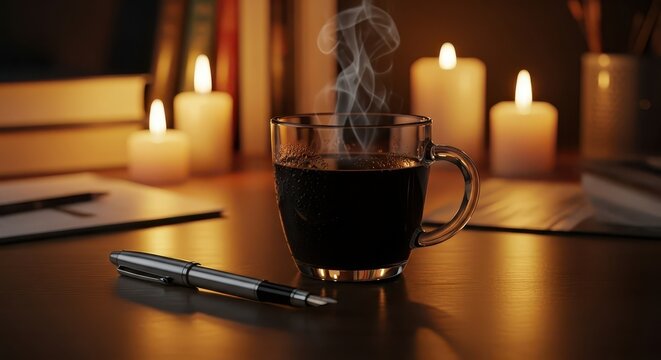 Steaming hot beverage rests on a desk illuminated by soft candlelight beside writing implements